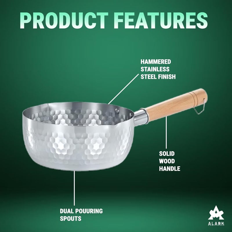 Alark وعاء الطهي التقليدي الياباني من ألرك، وعاء صلب من الفولاذ المقاوم للصدأ مع مقبض خشبي، غير لاصق، مع وعاء طعام للأطفال، أواني طهي سميكة، وعاء حليب صغير للاستخدام المنزلي، وعاء نودلز ساخن بمقبض خشبي، وعاء حساء صغير - Image 5