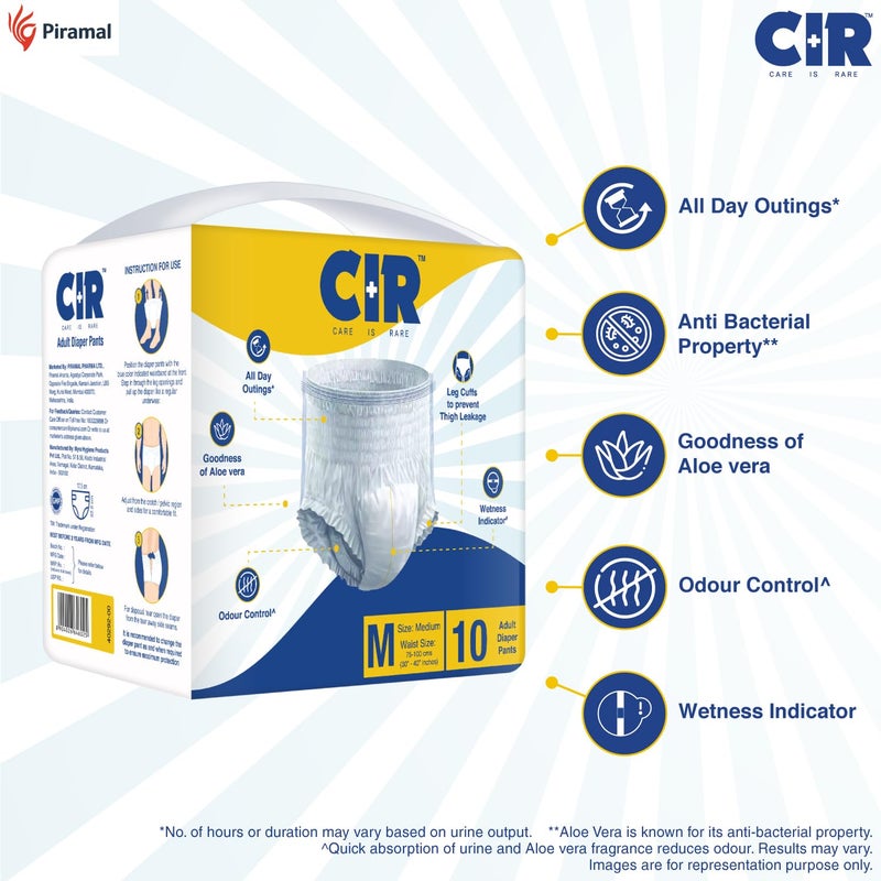 CIR Adult Diaper Pants Style | Adult Diaper Medium Size (M)|Waist (75-100 cm|30”- 40”) |10 hr Absorption-Protection | Unisex with Wetness Indicator | Odour Control | Goodness of Aloe Vera | 10 Units - Image 2