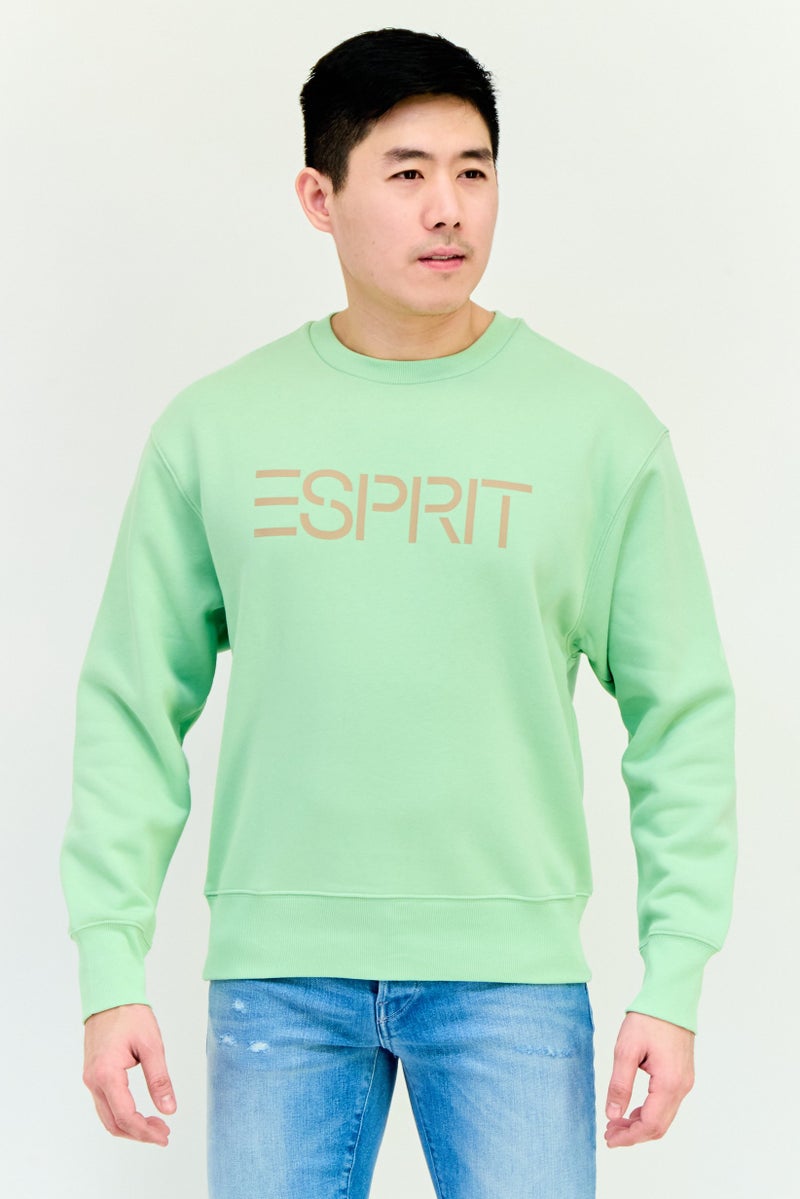 ESPRIT Men Ribbed Collar Long Sleeves Brand Logo Sweatshirts, Green - Image 1