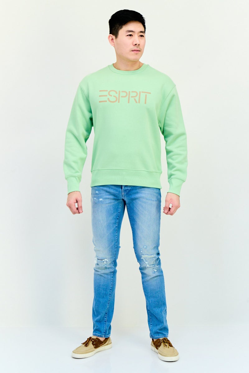 ESPRIT Men Ribbed Collar Long Sleeves Brand Logo Sweatshirts, Green - Image 4
