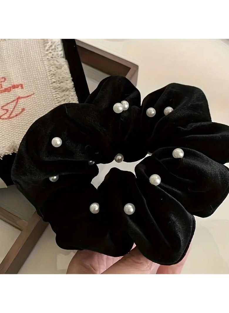 Goolsky رباط شعر أنيق من القماش مع لمسات من اللؤلؤ الصناعي، رباط شعر مرن بلون موحد للنساء، للفئة العمرية 14+، عبوة واحدة، مثالي للمناسبات والأعراس - Image 1