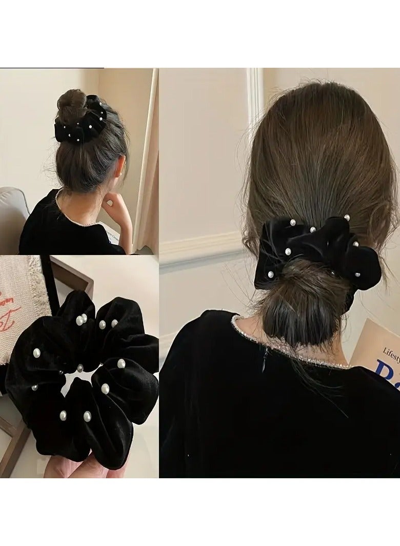 Goolsky رباط شعر أنيق من القماش مع لمسات من اللؤلؤ الصناعي، رباط شعر مرن بلون موحد للنساء، للفئة العمرية 14+، عبوة واحدة، مثالي للمناسبات والأعراس - Image 2