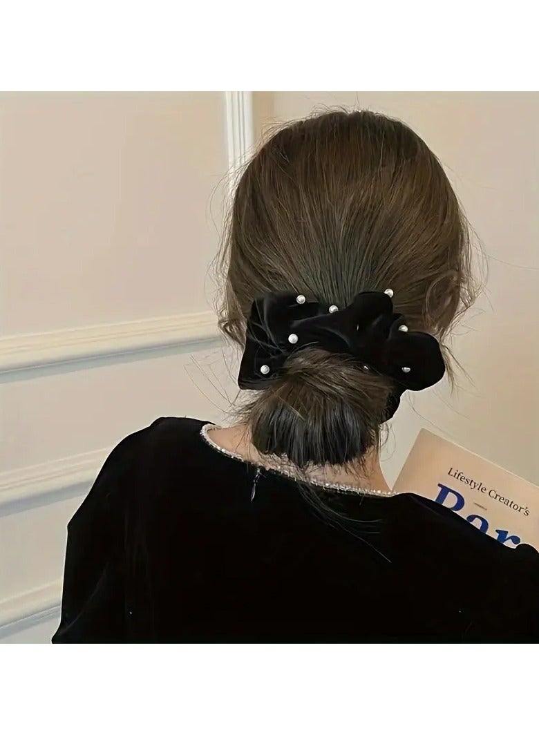 Goolsky رباط شعر أنيق من القماش مع لمسات من اللؤلؤ الصناعي، رباط شعر مرن بلون موحد للنساء، للفئة العمرية 14+، عبوة واحدة، مثالي للمناسبات والأعراس - Image 3