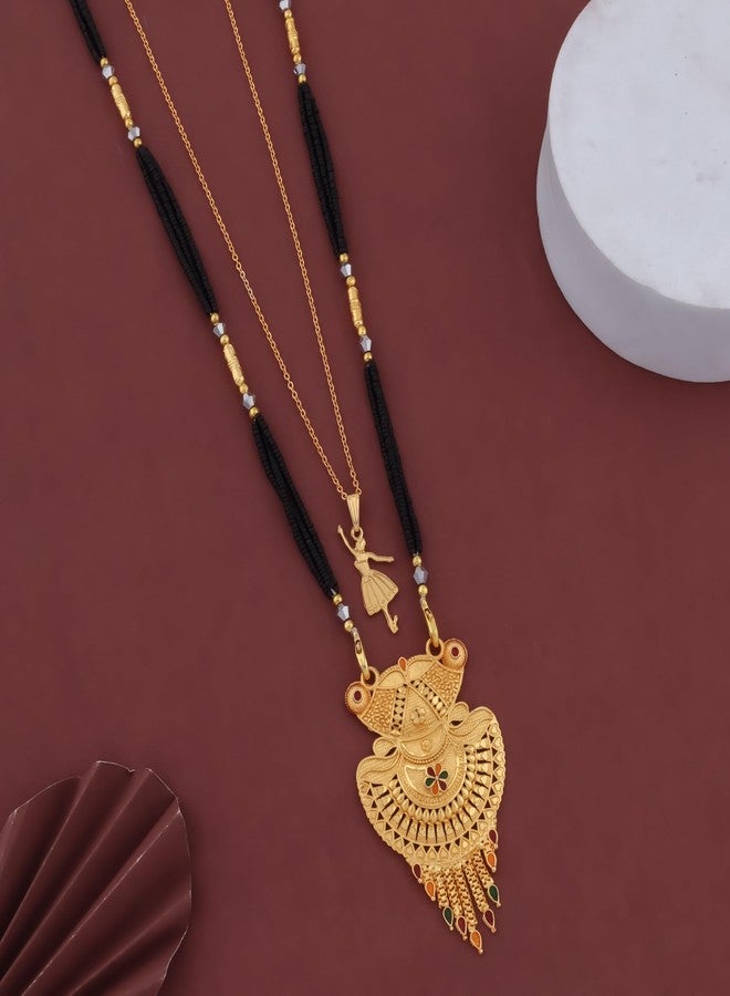 MALKYN Women's Gold Plated Intricate Motif Mangalsutra with Colorful Enamel Accents and Ballerina Pendant Layered Necklace Set, Traditional Black Beads Indian Jewelry-MD-050 - Image 2