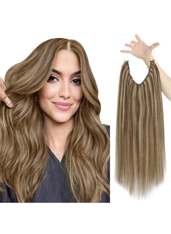 Sunny Invisible Wire Hair Extensions Brown Highlights Fishing Wire Hair Extensions Dark Brown Mix Caramel Blonde Soft Hair Fishing Wire Hair Extensions for Women 80g 18inch