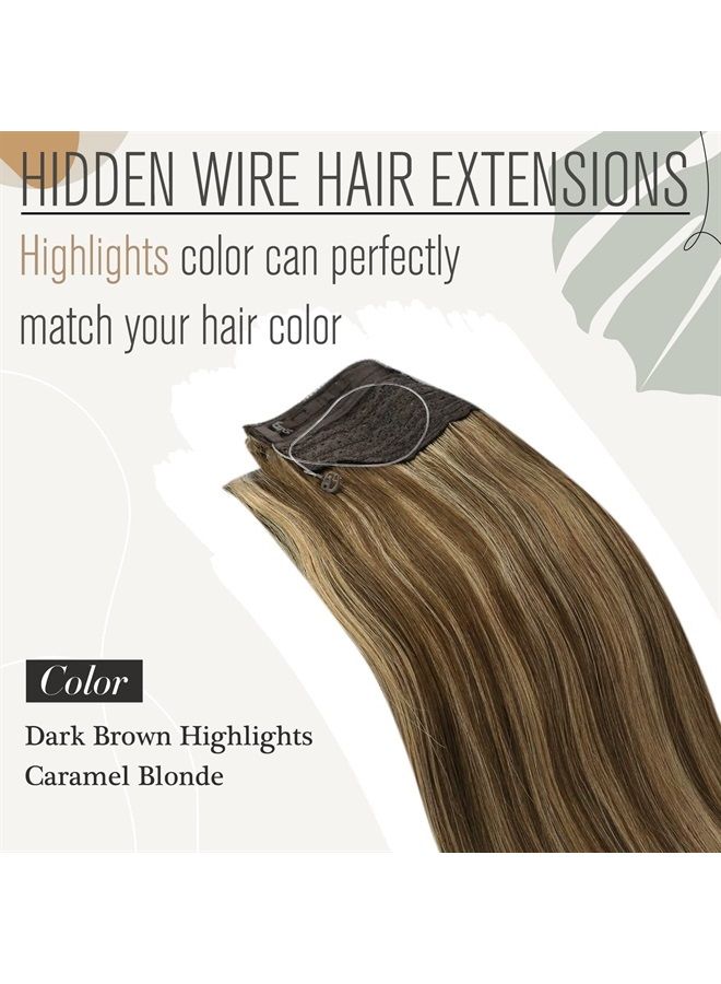 Sunny Invisible Wire Hair Extensions Brown Highlights Fishing Wire Hair Extensions Dark Brown Mix Caramel Blonde Soft Hair Fishing Wire Hair Extensions for Women 80g 18inch