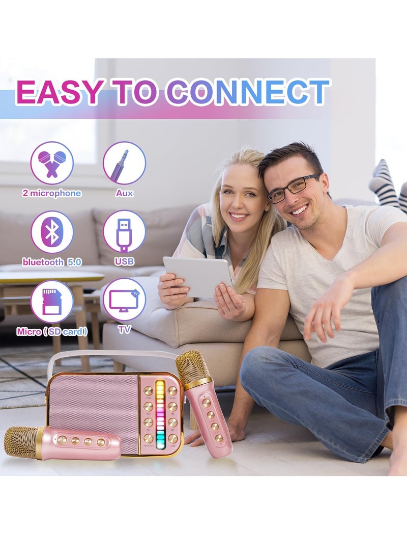 Mini Karaoke Machine with 2 Wireless Microphone Set Mini Karaoke Machine for Kids and Adults Portable Handheld Microphone and Speaker Set Retro Speaker System with Disco Light Home Party KTV Pink - Image 4