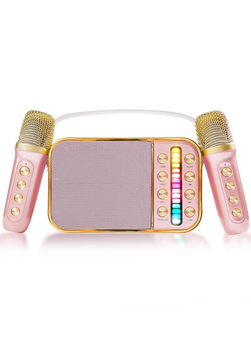 Mini Karaoke Machine with 2 Wireless Microphone Set Mini Karaoke Machine for Kids and Adults Portable Handheld Microphone and Speaker Set Retro Speaker System with Disco Light Home Party KTV Pink - Image 1