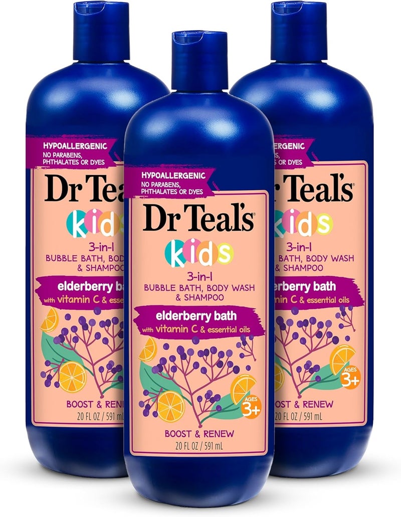 Dr Teal's Kids 3-in-1 Bubble Bath, Body Wash & Shampoo, Boost & Renew Elderberry with Vitamin C, 20 fl oz (Pack of 3) - Image 1