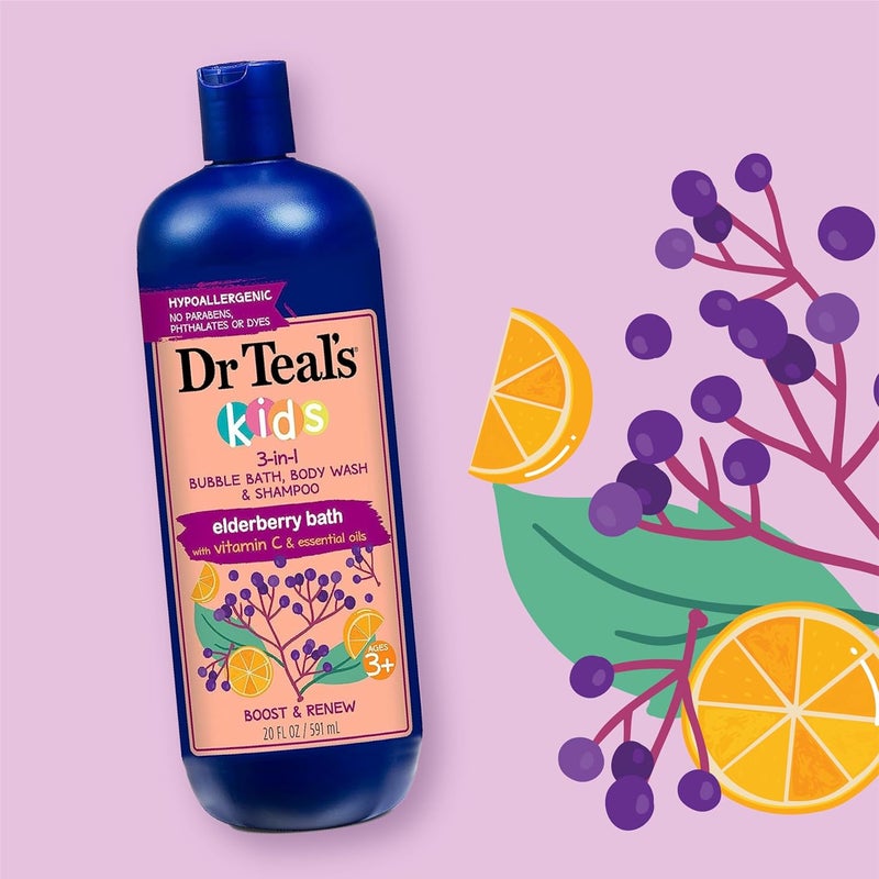 Dr Teal's Kids 3-in-1 Bubble Bath, Body Wash & Shampoo, Boost & Renew Elderberry with Vitamin C, 20 fl oz (Pack of 3) - Image 2