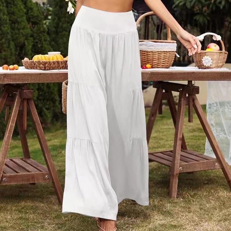 klarako Women Casual Loose Wide Leg Pants Relaxed High Waist Lounge Trousers Solid Color Pleated Patchwork Solid Color Slacks - Image 4