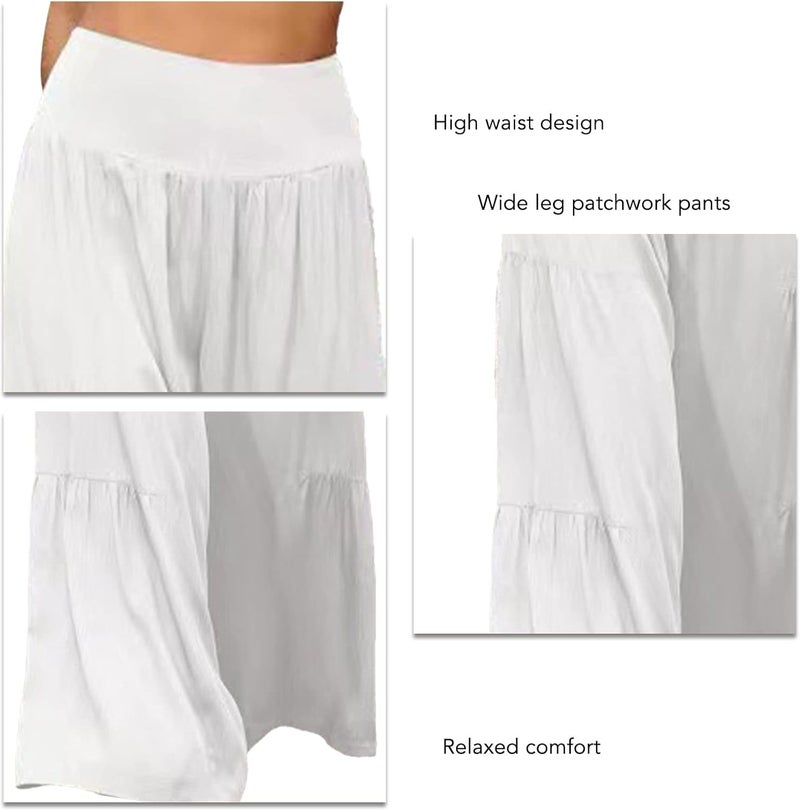klarako Women Casual Loose Wide Leg Pants Relaxed High Waist Lounge Trousers Solid Color Pleated Patchwork Solid Color Slacks - Image 3