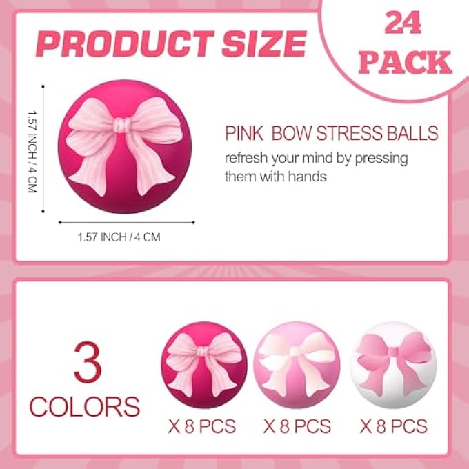 Arrowbash 24 Pcs Pink Bow Stress Ball Gift Squeeze Stress Relief Balls Mini Foam Stressed Ball Coquette Bow Sensory Relief Toys for Coworker Employee Appreciation Bag Stuffer 1.57 Inch - Image 2