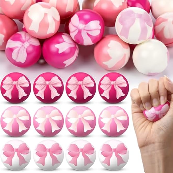 Arrowbash 24 Pcs Pink Bow Stress Ball Gift Squeeze Stress Relief Balls Mini Foam Stressed Ball Coquette Bow Sensory Relief Toys for Coworker Employee Appreciation Bag Stuffer 1.57 Inch - Image 1