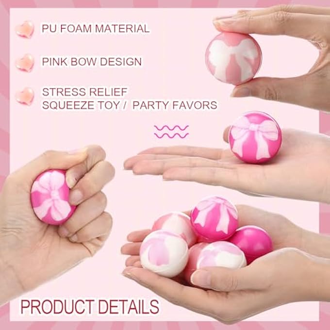 Arrowbash 24 Pcs Pink Bow Stress Ball Gift Squeeze Stress Relief Balls Mini Foam Stressed Ball Coquette Bow Sensory Relief Toys for Coworker Employee Appreciation Bag Stuffer 1.57 Inch - Image 3