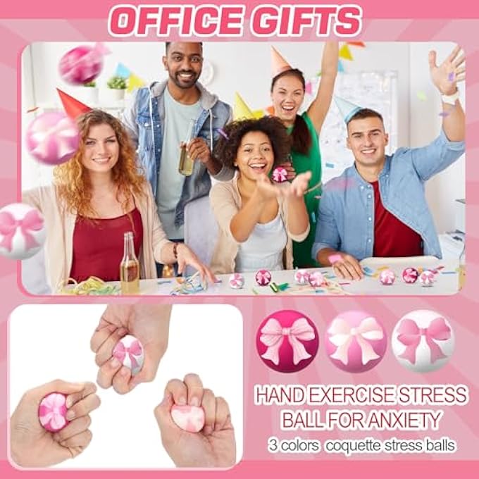 Arrowbash 24 Pcs Pink Bow Stress Ball Gift Squeeze Stress Relief Balls Mini Foam Stressed Ball Coquette Bow Sensory Relief Toys for Coworker Employee Appreciation Bag Stuffer 1.57 Inch - Image 5