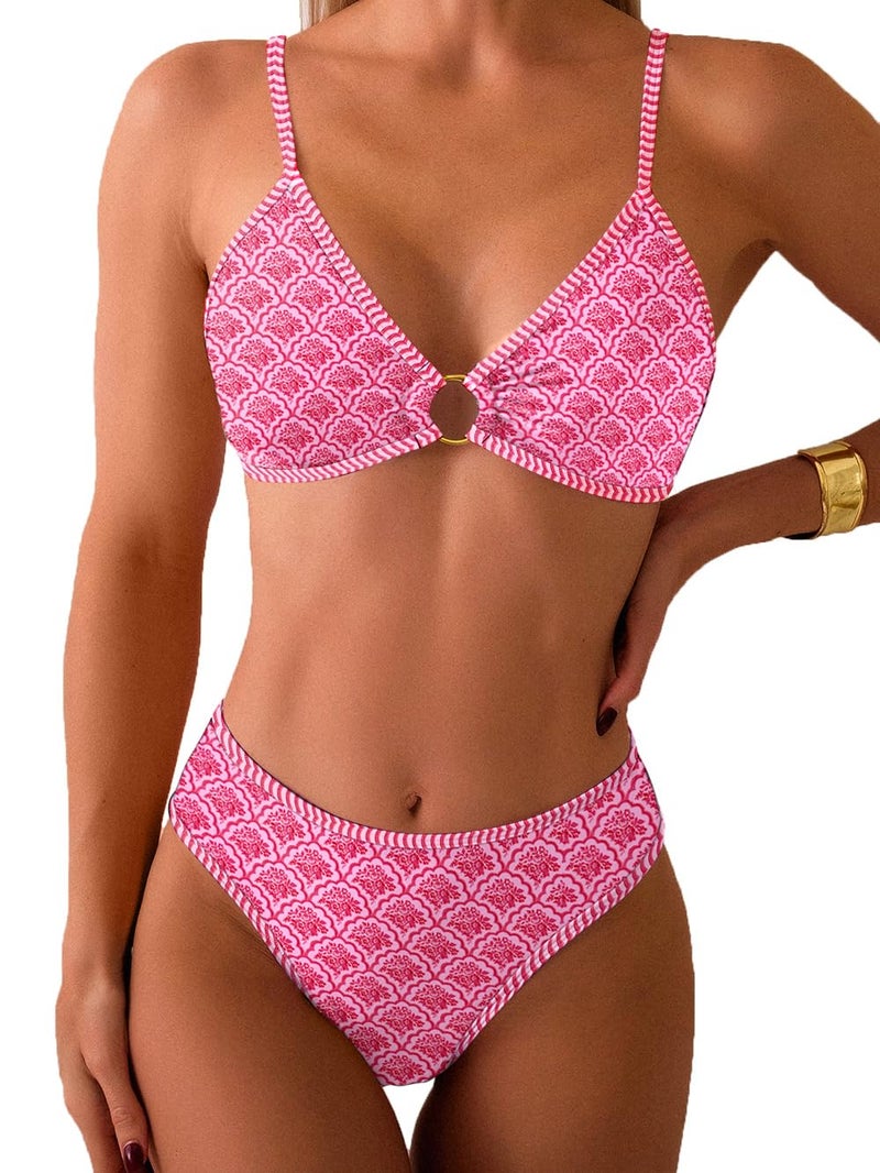 Tainehs Women's Two Piece Bikini Sets O Ring Front Top Ditsy Floral Triangle Swimsuits Cheeky Bathing Suit Pink - Image 1