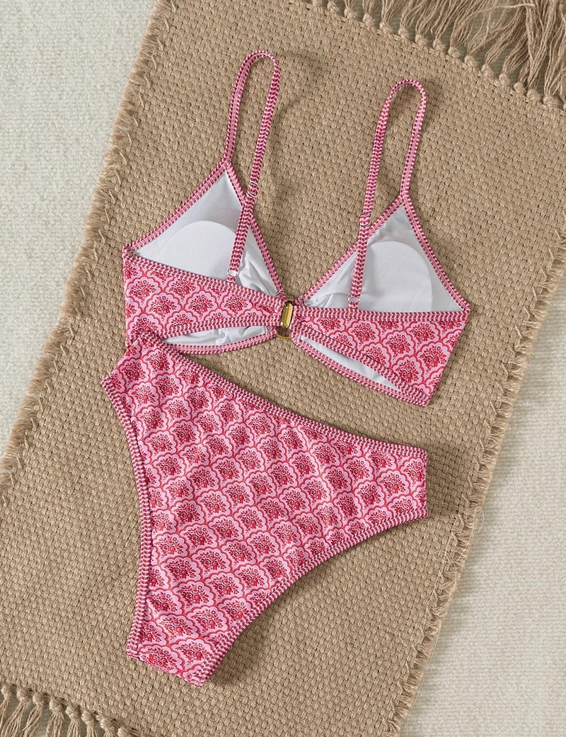 Tainehs Women's Two Piece Bikini Sets O Ring Front Top Ditsy Floral Triangle Swimsuits Cheeky Bathing Suit Pink - Image 5