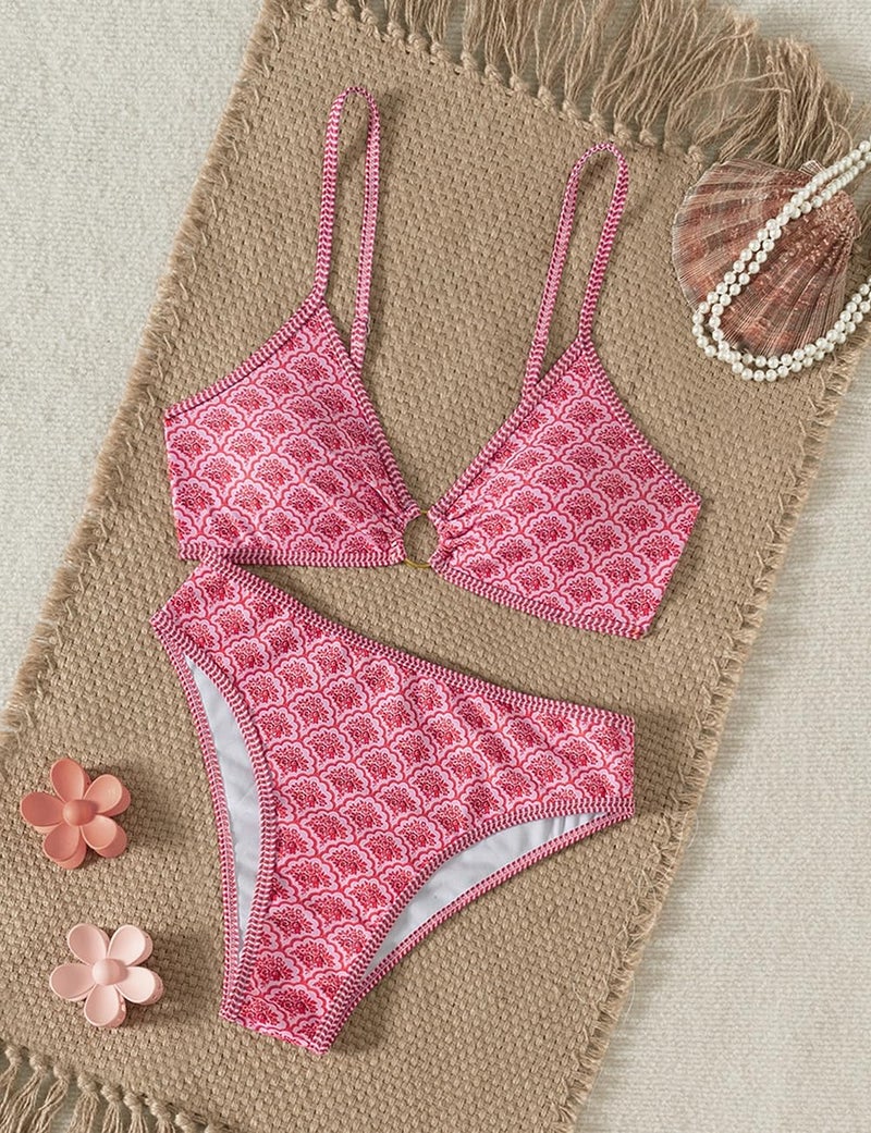 Tainehs Women's Two Piece Bikini Sets O Ring Front Top Ditsy Floral Triangle Swimsuits Cheeky Bathing Suit Pink - Image 4