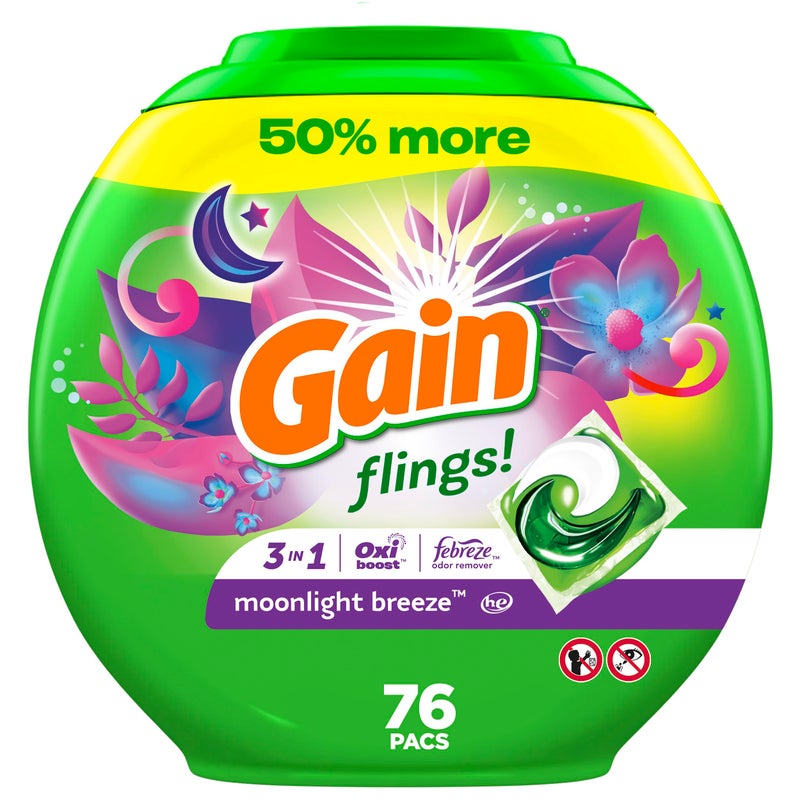 Gain flings Laundry Detergent Soap Pacs HE Compatible Long Lasting Scent Moonlight Breeze Scent 76 Count