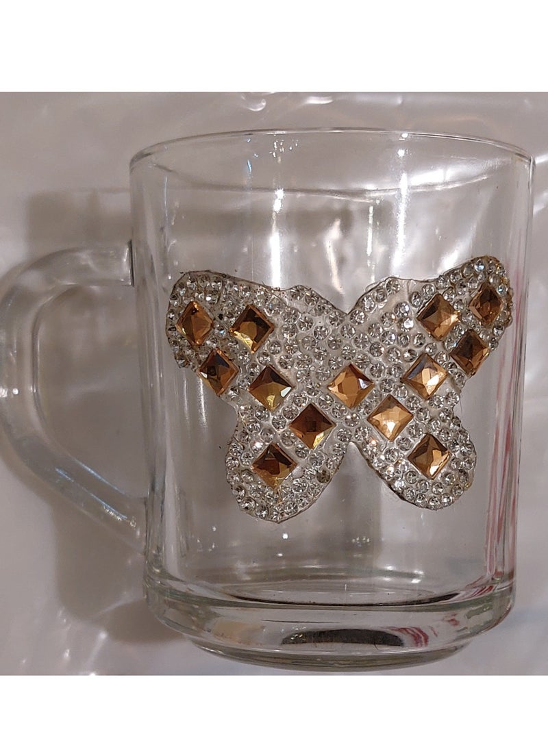 Transparent glass tea & coffee mug gift with butterfly rhinestone