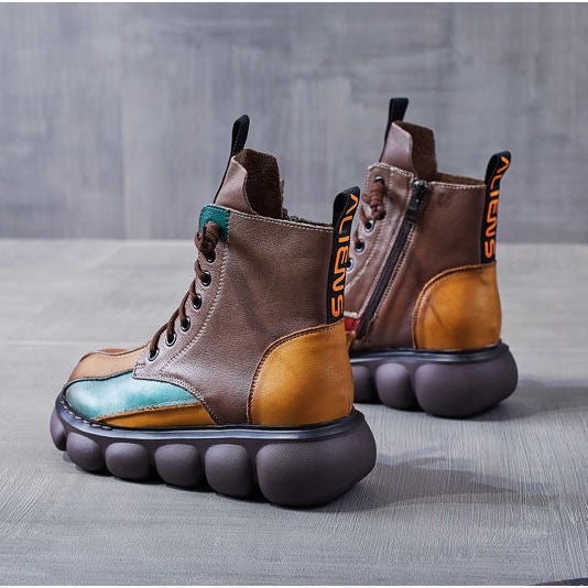 Autumn Winter Fashion Wedge Boots Retro Colorblock Womens Brown 