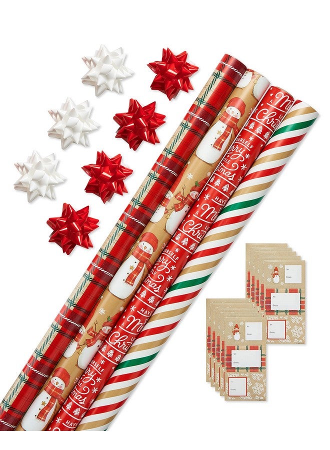 American Greetings 120 sq. ft. Christmas Wrapping Paper Set, Tan, Plaid, Snowman and Christmas Text (4 Rolls 30 in. x 12 ft., 7 Bows, 30 Gift Tags) - Image 1