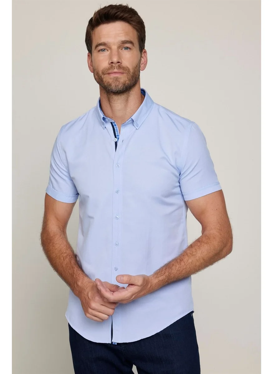 تودورس Slim Fit Short Sleeve Buttoned Collar Poplin Oxford Men's Blue Shirt