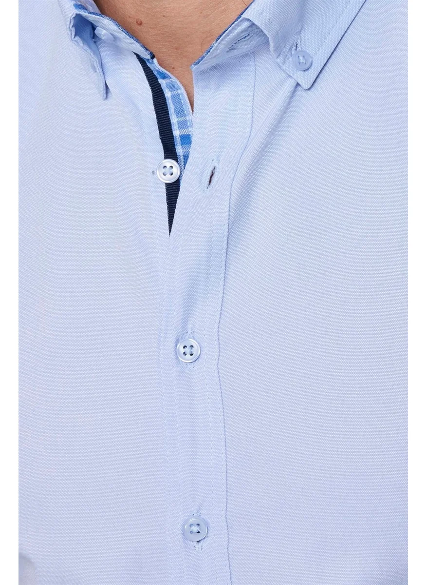 تودورس Slim Fit Short Sleeve Buttoned Collar Poplin Oxford Men's Blue Shirt