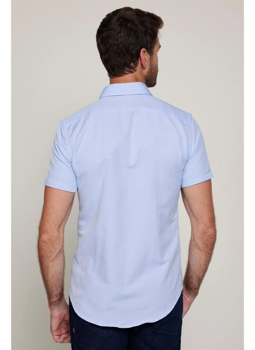تودورس Slim Fit Short Sleeve Buttoned Collar Poplin Oxford Men's Blue Shirt