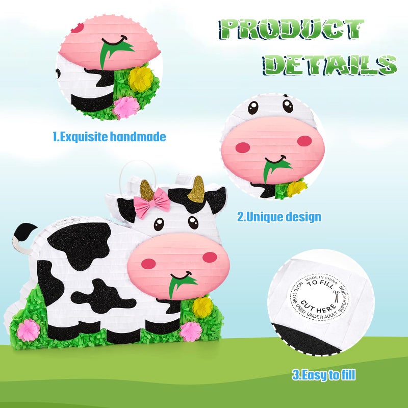 WERNNSAI Dairy Cow PiÃ±ata - Farm Animal Party Game Cow Pinata for Girls Birthday Party Decorations Kids Happy Party Favor Supplies with Bat Blindfold, Farm Theme Candy Toys Filler - Image 4