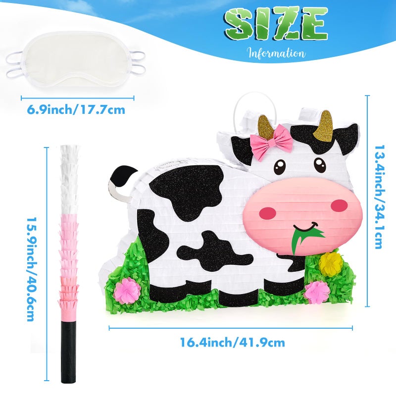 WERNNSAI Dairy Cow PiÃ±ata - Farm Animal Party Game Cow Pinata for Girls Birthday Party Decorations Kids Happy Party Favor Supplies with Bat Blindfold, Farm Theme Candy Toys Filler - Image 3