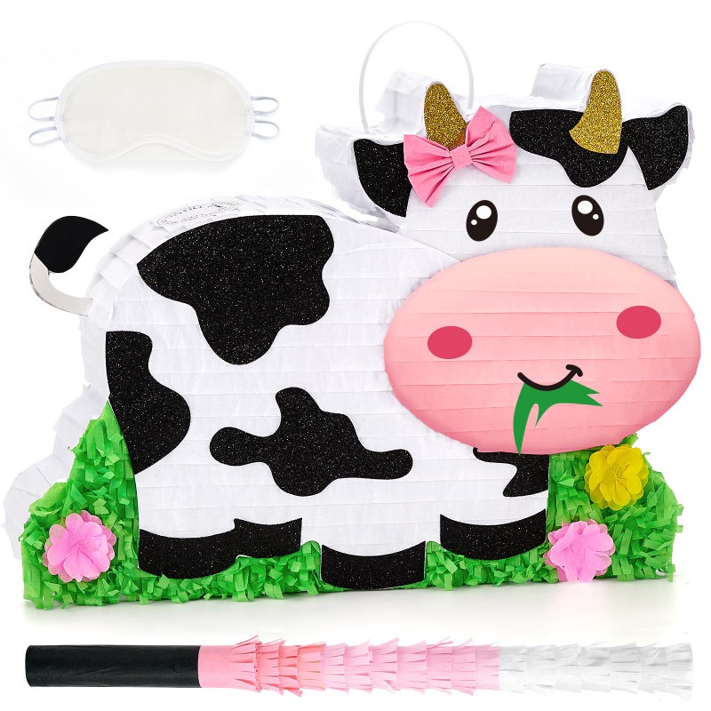 WERNNSAI Dairy Cow PiÃ±ata - Farm Animal Party Game Cow Pinata for Girls Birthday Party Decorations Kids Happy Party Favor Supplies with Bat Blindfold, Farm Theme Candy Toys Filler - Image 1