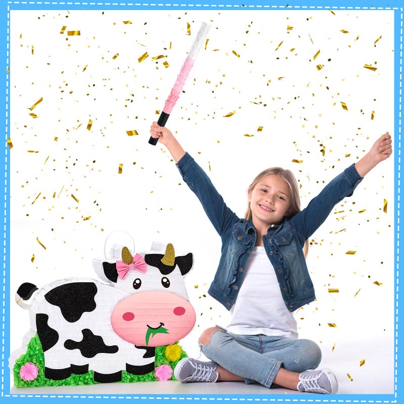 WERNNSAI Dairy Cow PiÃ±ata - Farm Animal Party Game Cow Pinata for Girls Birthday Party Decorations Kids Happy Party Favor Supplies with Bat Blindfold, Farm Theme Candy Toys Filler - Image 5