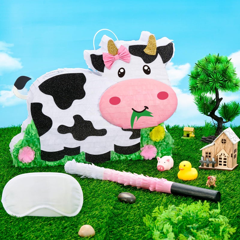 WERNNSAI Dairy Cow PiÃ±ata - Farm Animal Party Game Cow Pinata for Girls Birthday Party Decorations Kids Happy Party Favor Supplies with Bat Blindfold, Farm Theme Candy Toys Filler - Image 2