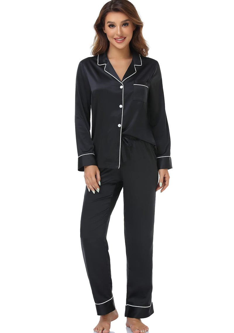 Serenedelicacy Women's Satin Pajama Set Long Sleeve Button Down Sleepwear 2-Piece Silky Pj Set (Small, Tan/Black/Ivory, Leopard) - Image 1
