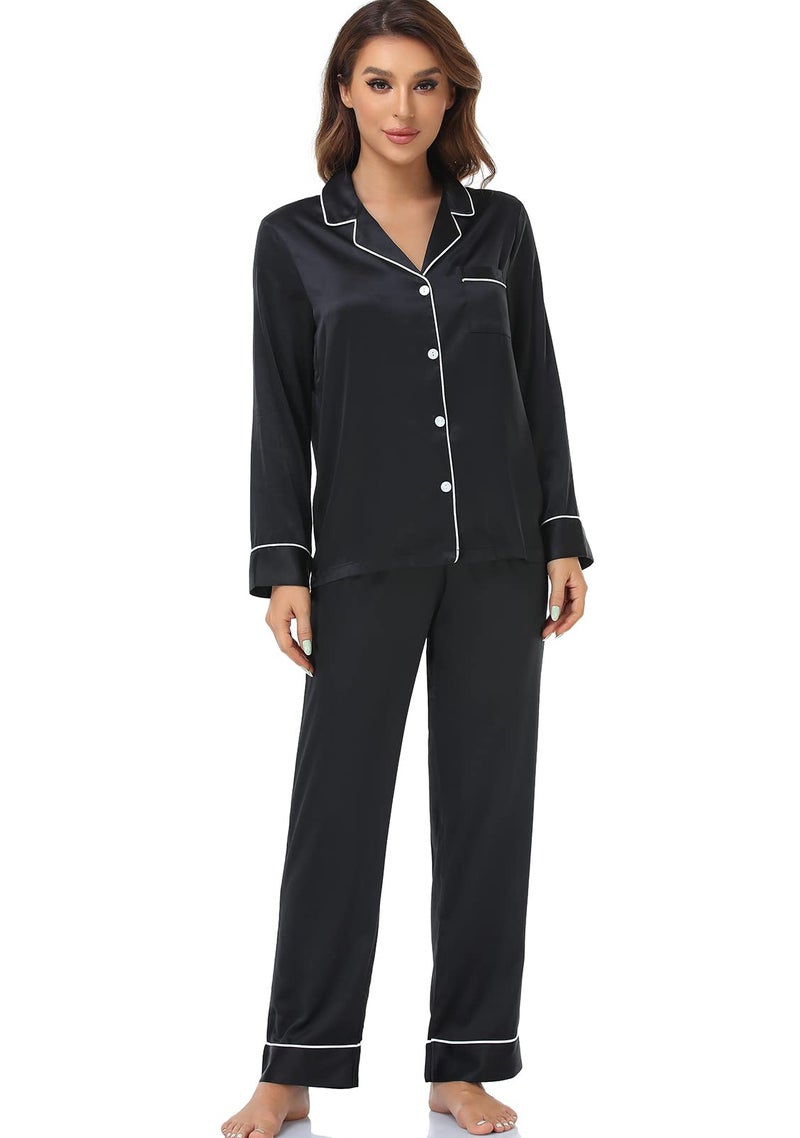 Serenedelicacy Women's Satin Pajama Set Long Sleeve Button Down Sleepwear 2-Piece Silky Pj Set (Small, Tan/Black/Ivory, Leopard) - Image 3