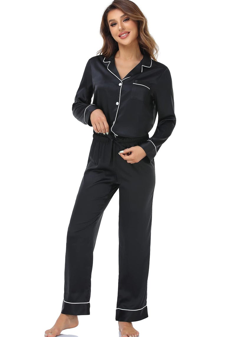 Serenedelicacy Women's Satin Pajama Set Long Sleeve Button Down Sleepwear 2-Piece Silky Pj Set (Small, Tan/Black/Ivory, Leopard) - Image 4