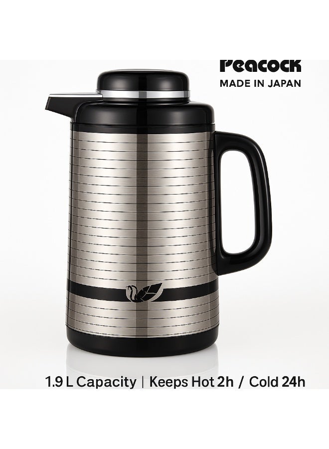 بيكوك ترمس بيكوك ستانلس ستيل سعة 1.9 لتر – صنع في اليابان، مزدوج الجدار لحفظ الحرارة والبرودة، محكم الإغلاق ومتين (فضي بخطوط سوداء) - Image 1