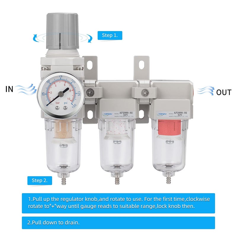 NANPU Three Stage Air Drying System - 5 Micron Particulate Filter, 0.5＆0.01 Micron Coalescing Filters, Air Pressure Regulator Combo - 0-150 psi Gauge, Semi-Auto Drain, Metal Bracket (1/4" NPT） - Image 3