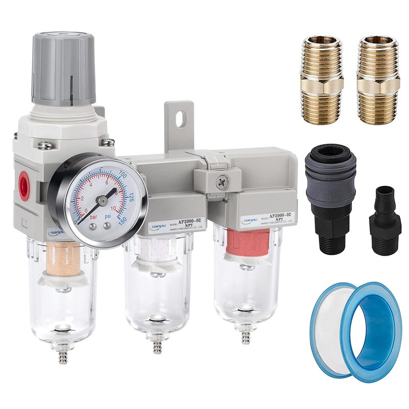 NANPU Three Stage Air Drying System - 5 Micron Particulate Filter, 0.5＆0.01 Micron Coalescing Filters, Air Pressure Regulator Combo - 0-150 psi Gauge, Semi-Auto Drain, Metal Bracket (1/4" NPT） - Image 1