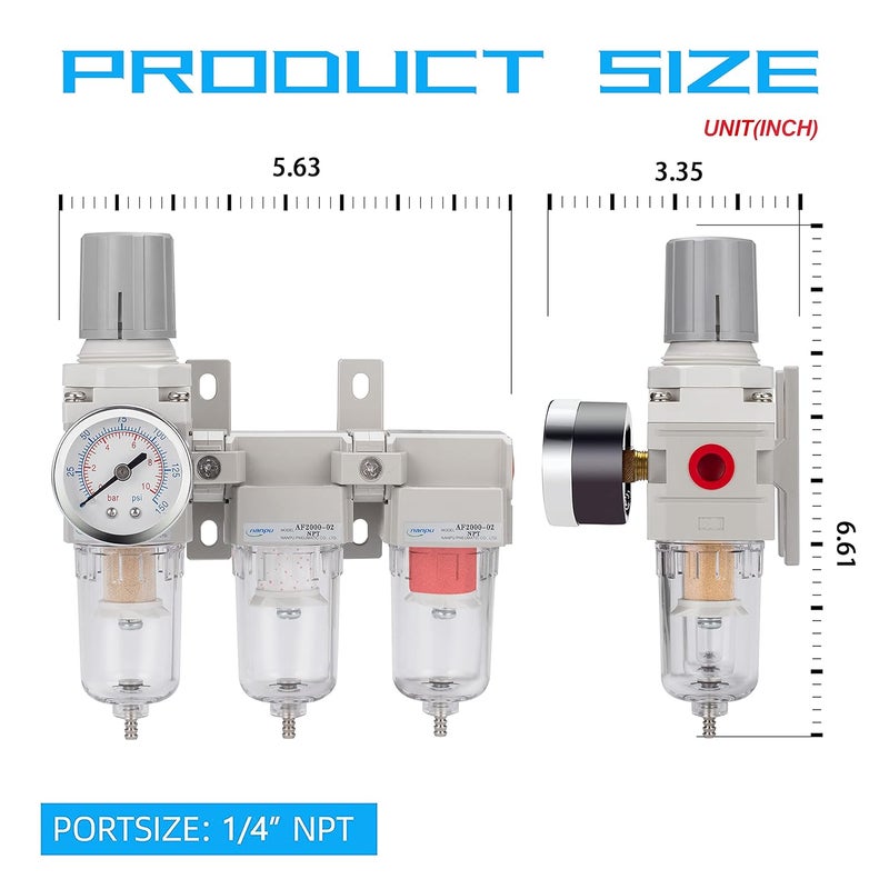 NANPU Three Stage Air Drying System - 5 Micron Particulate Filter, 0.5＆0.01 Micron Coalescing Filters, Air Pressure Regulator Combo - 0-150 psi Gauge, Semi-Auto Drain, Metal Bracket (1/4" NPT） - Image 5