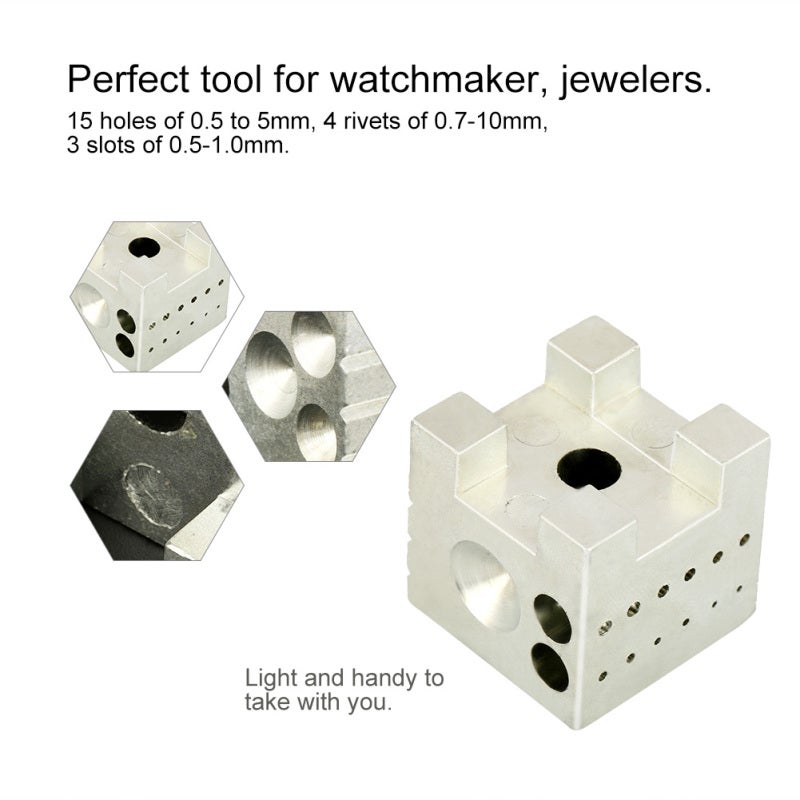 Watch Repair Tool: Carbon Steel Block, Hard And Durable - 15 Holes 0.5 To 5mm, 4 Rivets 0.7-10mm, 3 Slots 0.5-1.0mm Riveting Tool For Watchmakers, Jewelers - Image 1