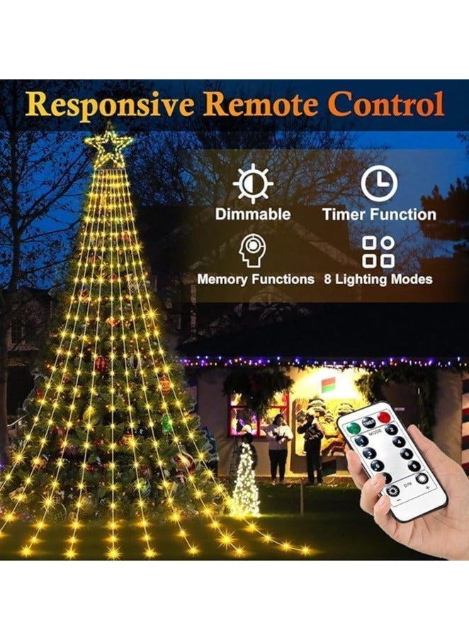 Solar Power Star String Lights,350 LED 3.5m Waterproof Waterfall Tree Lights with Star Topper,Festival Lights for Patio, Yard, Party，Wedding,New Year Decorations, Warm Lights - Image 2