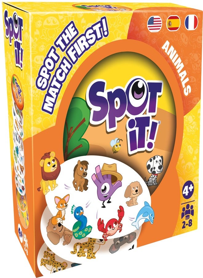 Asmodee Spot It! Animals (2024 Refresh) - Eco-Sleeve Edition, 5-in-1 Visual Perception Game for Quick Reflexes and Family Fun, Ages 4+, 2-8 Players, 15 Minute Playtime - Image 1