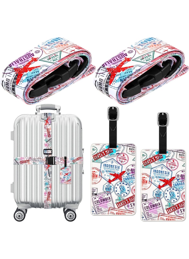 Reginary 4 Pack Luggage Straps Set Adjustable Suitcase Belts with Quick Release Buckle Luggage Tags Travel Suitcase Tags with Name ID Card for Travel BagStamp Pattern  - Image 1