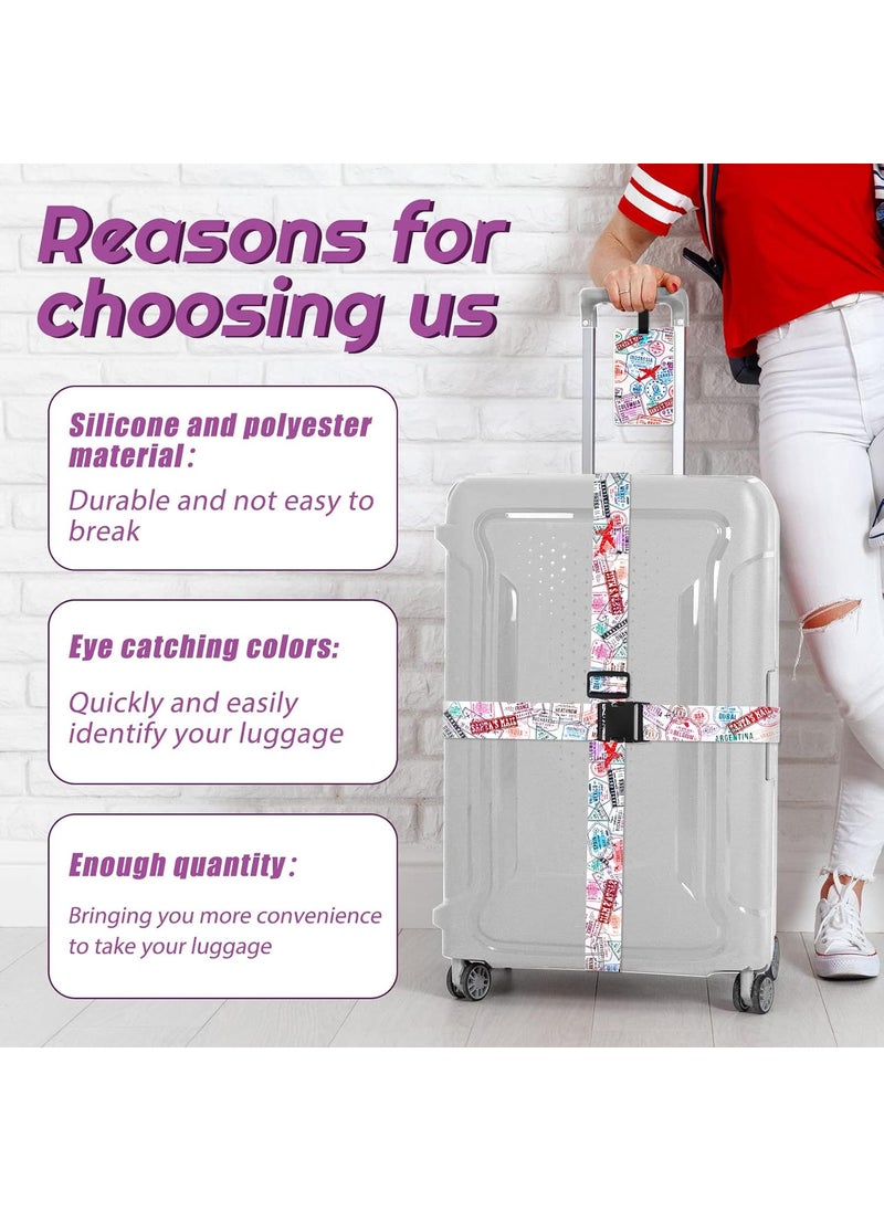 Reginary 4 Pack Luggage Straps Set Adjustable Suitcase Belts with Quick Release Buckle Luggage Tags Travel Suitcase Tags with Name ID Card for Travel BagStamp Pattern  - Image 4