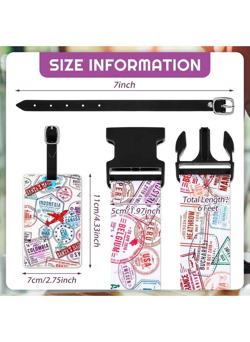Reginary 4 Pack Luggage Straps Set Adjustable Suitcase Belts with Quick Release Buckle Luggage Tags Travel Suitcase Tags with Name ID Card for Travel BagStamp Pattern  - Image 2