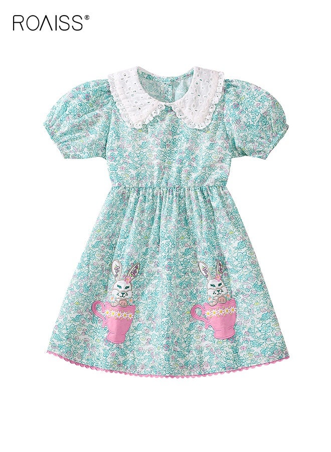 roaiss Girls Summer Dress with Adorable Patterns, Doll Neck Floral Frock with Puff Sleeves, Casual Stylish Sundress for Little Girls, Suitable for Daily Wear or Any Occasion - Image 2