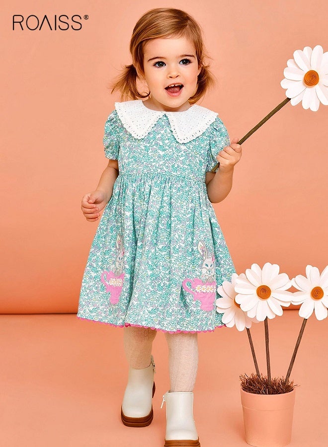 roaiss Girls Summer Dress with Adorable Patterns, Doll Neck Floral Frock with Puff Sleeves, Casual Stylish Sundress for Little Girls, Suitable for Daily Wear or Any Occasion - Image 1
